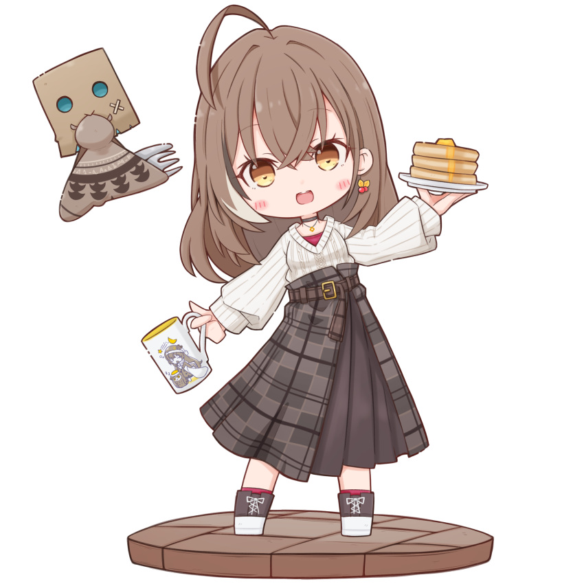 1girl absurdres ahoge aran_sweater belt berry black_choker blush brown_eyes brown_footwear brown_hair brown_skirt cable_knit chibi choker crossed_bangs cup earrings food food-themed_earrings fork friend_(nanashi_mumei) hand_towel hieroglyphics high_tops highres hololive hololive_english jewelry knife long_hair long_skirt looking_at_viewer mouth_hold mug multicolored_hair nanashi_mumei nanashi_mumei_(3rd_costume) necklace official_alternate_costume pancake pancake_stack plaid plaid_skirt plate pleated_skirt red_shirt red_socks shirt shoes skirt sleeves_past_wrists sneakers socks streaked_hair sweater teeth towel upper_teeth_only very_long_hair virtual_youtuber white_sweater yagudo_bunya