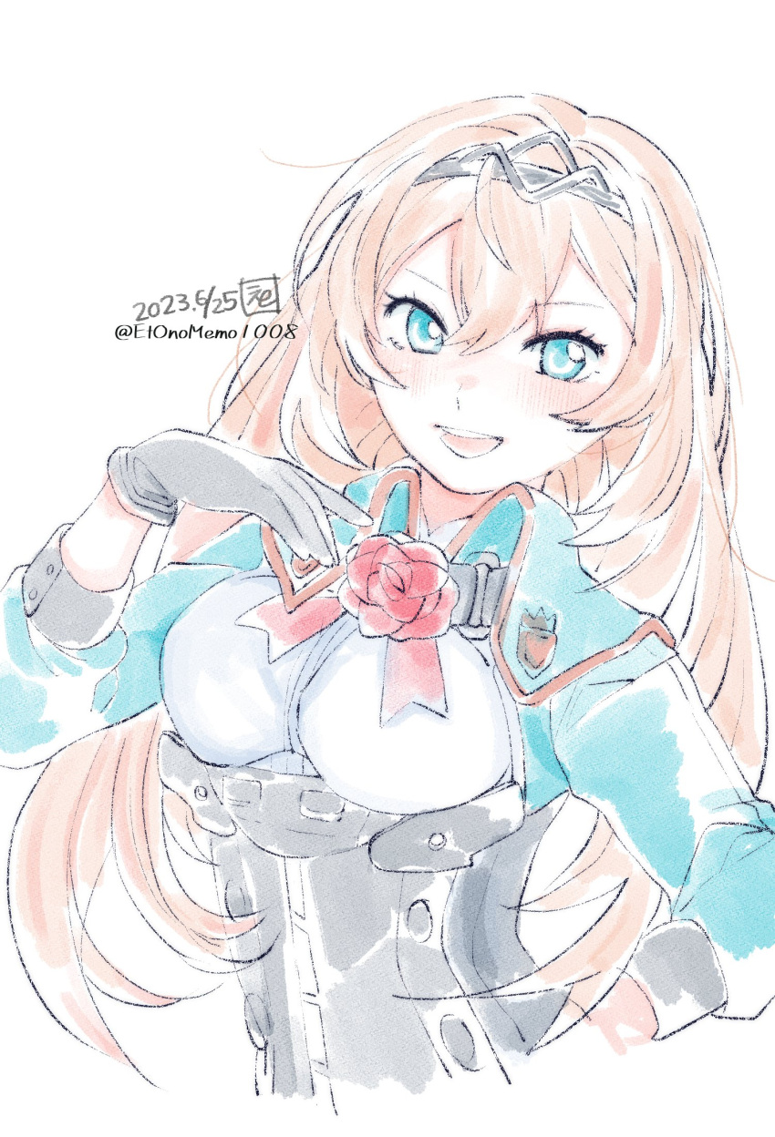 1girl aqua_eyes black_gloves blonde_hair blush breasts cropped_legs dated eto_(etonomemo1008) flower gloves hair_between_eyes highres kantai_collection long_hair long_sleeves looking_at_viewer medium_breasts one-hour_drawing_challenge open_mouth red_flower red_rose rose simple_background solo teeth tiara twitter_username upper_body upper_teeth_only very_long_hair victorious_(kancolle) white_background