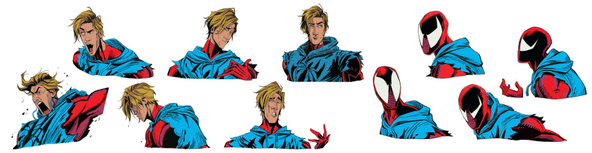 absurdres ami_thompson animal_print ben_reilly bodysuit character_profile expressions highres hood hooded_bodysuit hoodie marvel mask multiple_views muscular official_art reference_sheet scarlet_spider simple_background spider-man:_across_the_spider-verse spider-man_(series) spider_print superhero variations white_background
