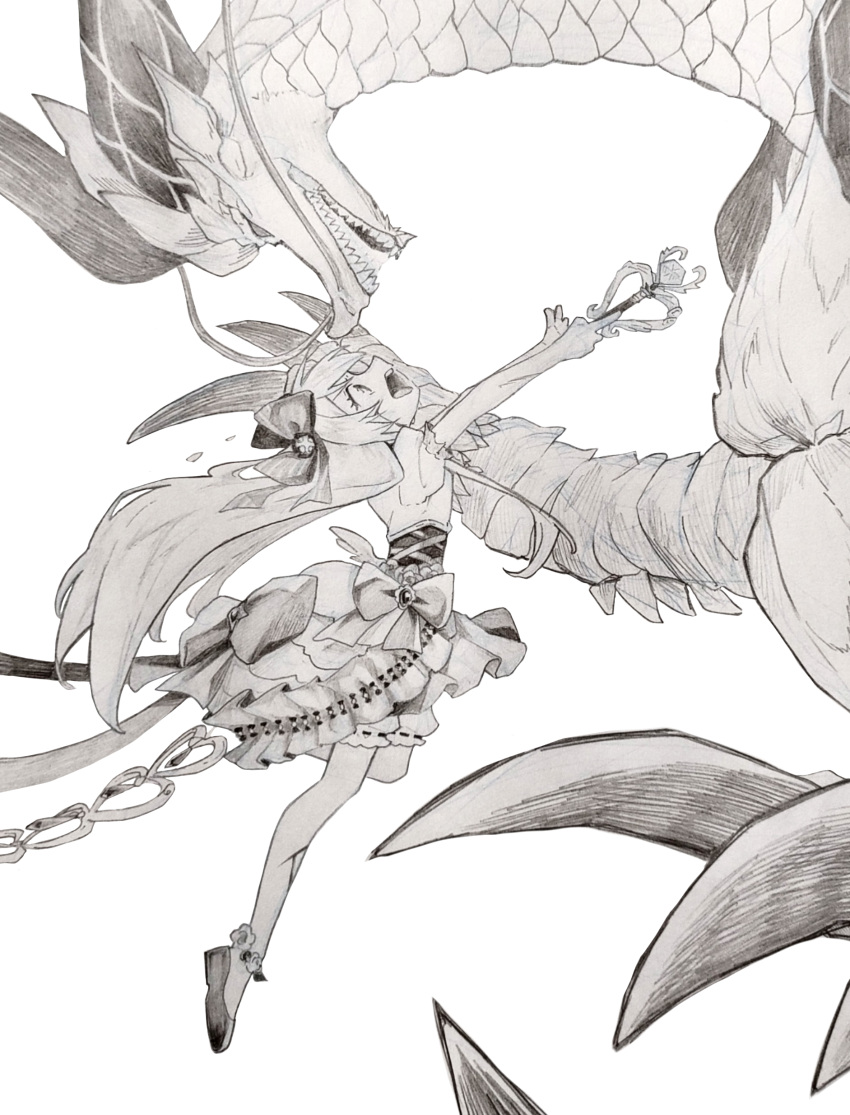 1girl absurdres artist_request battle blood bloomers bubble_skirt chaos_marie_(grimms_notes) claws commission dragon dress flower greyscale grimms_notes hair_ribbon highres huge_claws ice_dragon_fo_(grimms_notes) injury jumping long_hair magical_girl monochrome open_mouth pixiv_commission puffy_sleeves ribbon shoes simple_background skirt teeth traditional_media underwear wand weapon white_background wings