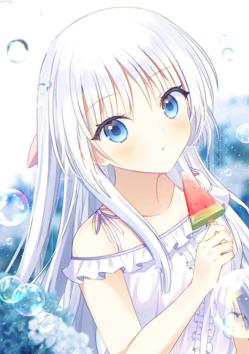 1girl :o absurdres aiyan blue_eyes blurry blurry_background blush center_frills collarbone depth_of_field dress eyelashes eyes_visible_through_hair food frilled_dress frills hair_between_eyes hand_up highres holding_ice_cream long_hair looking_at_viewer naruse_shiroha open_mouth popsicle ribbon sidelocks simple_background solo straight_hair summer_pockets upper_body very_long_hair water_drop watermelon_bar white_background white_dress white_hair white_ribbon