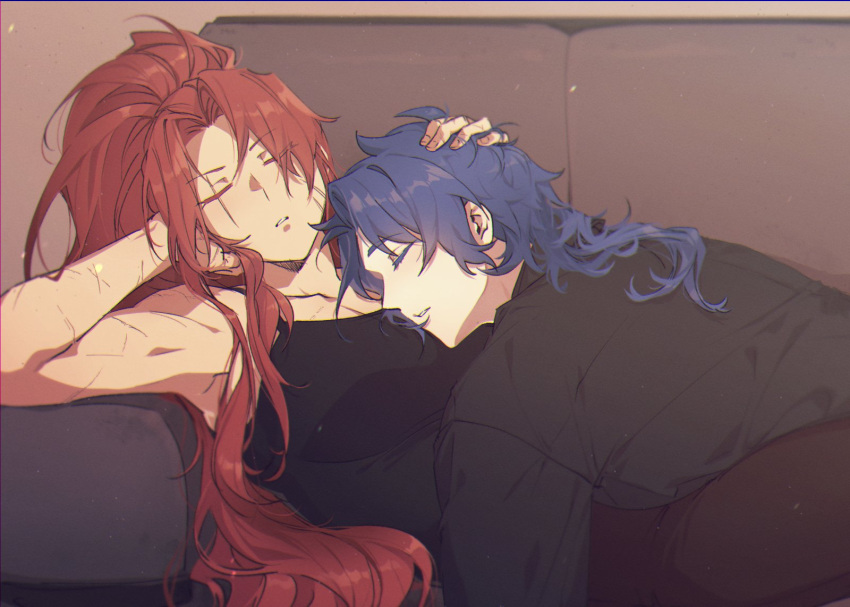 1boy 1girl arm_behind_head black_shirt black_tank_top blue_hair chesed_(project_moon) closed_eyes closed_mouth couch gebura_(project_moon) hand_on_another's_head highres jyanjyan library_of_ruina long_hair long_sleeves parted_bangs parted_lips project_moon redhead scar scar_across_eye scar_on_arm shirt sidelocks sleeping tank_top toned very_long_hair