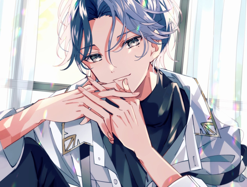 1boy aoyagi_touya blue_hair closed_mouth colorful_festival_(project_sekai) commentary_request curtains dark_blue_hair fingernails gg_suyari grey_shirt long_sleeves looking_at_viewer male_focus mole mole_under_eye multicolored_hair official_alternate_hairstyle project_sekai shirt smile solo split-color_hair turtleneck two-tone_hair upper_body window