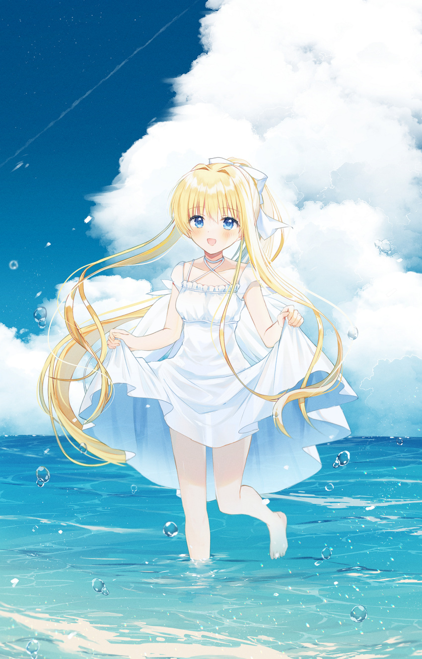 1girl :d absurdres air_(visual_novel) aiyan angel_wings bare_arms barefoot blonde_hair blue_eyes blue_sky blush bow breasts choker clothes_lift clouds collarbone commentary_request criss-cross_halter day dress dress_lift eyelashes eyes_visible_through_hair feet fingernails floating_hair full_body hair_between_eyes hair_bow hair_intakes halterneck hands_up happy highres kamio_misuzu lifted_by_self long_dress long_hair looking_at_viewer motion_blur ocean open_mouth outdoors ponytail sidelocks sky small_breasts smile solo splashing standing standing_on_one_leg straight-on sundress very_long_hair wading white_bow white_choker white_dress wings