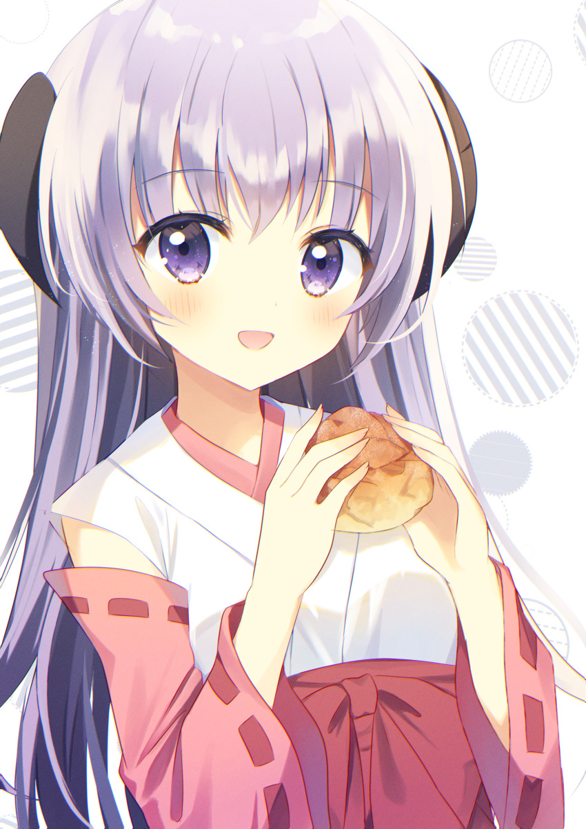 1girl :d absurdres aiyan blush commentary_request cream_puff curled_horns demon_girl demon_horns detached_sleeves eyelashes eyes_visible_through_hair food hair_between_eyes hakama hakama_skirt hands_up hanyuu highres higurashi_no_naku_koro_ni holding holding_food horns japanese_clothes kimono long_hair long_sleeves looking_at_viewer open_mouth purple_hair red_hakama red_ribbon red_skirt ribbon ribbon-trimmed_sleeves ribbon_trim simple_background skirt smile solo straight_hair upper_body very_long_hair violet_eyes white_background white_kimono wide_sleeves