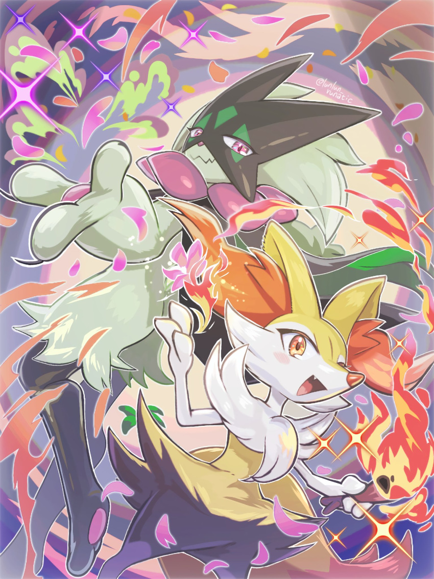 2girls :3 animal_ear_fluff animal_ears animal_feet animal_hands animal_nose arm_up artist_name black_fur blush blush_stickers body_fur braixen cat_girl claws closed_mouth commentary fang fire flat_chest flower fox_ears fox_girl fox_tail from_behind furry furry_female green_fur green_hair half-closed_eyes hands_up happy highres holding holding_stick leg_up looking_at_viewer looking_back meowscarada multiple_girls neck_fur open_mouth outline pawpads petals pink_flower pokemon pokemon_(creature) pyrokinesis reaching reaching_towards_viewer red_eyes runachikku short_hair signature smile snout sparkle standing standing_on_one_leg stick tail twitter_username two-tone_fur white_fur white_outline yellow_fur