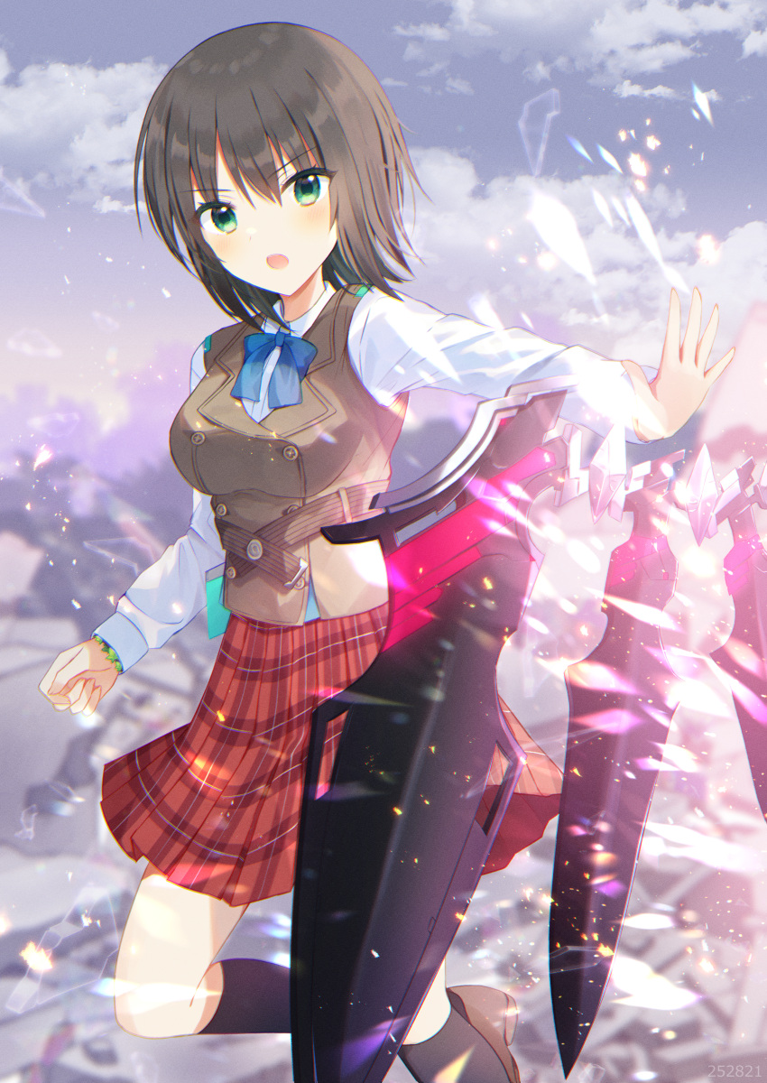 1girl absurdres aiyan aoi_erika battle black_hair black_socks blue_bow blue_bowtie blush bow bowtie breasts brown_footwear brown_vest clouds collared_shirt commentary_request eyelashes eyes_visible_through_hair fighting_stance floating_hair green_eyes grey_sky hair_between_eyes heaven_burns_red highres large_breasts light_particles loafers long_sleeves looking_at_viewer open_hand open_mouth outdoors outstretched_arm plaid plaid_skirt pleated_skirt red_skirt school_uniform shirt shoes short_hair skirt sky socks solo sparks standing standing_on_one_leg straight_hair v-shaped_eyebrows vest weapon white_shirt