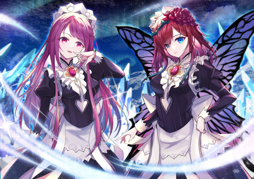 2girls absurdres alternate_costume blue_eyes brooch butterfly_wings commission cosplay felicia_(fire_emblem) felicia_(fire_emblem)_(cosplay) fire_emblem fire_emblem_engage fire_emblem_heroes flower hair_flower hair_ornament hair_vines highres ivy_(fire_emblem) jewelry long_hair maid_headdress multiple_girls purple_hair red_eyes second-party_source skeb_commission swept_bangs triandra_(fire_emblem) wings yamanakaume