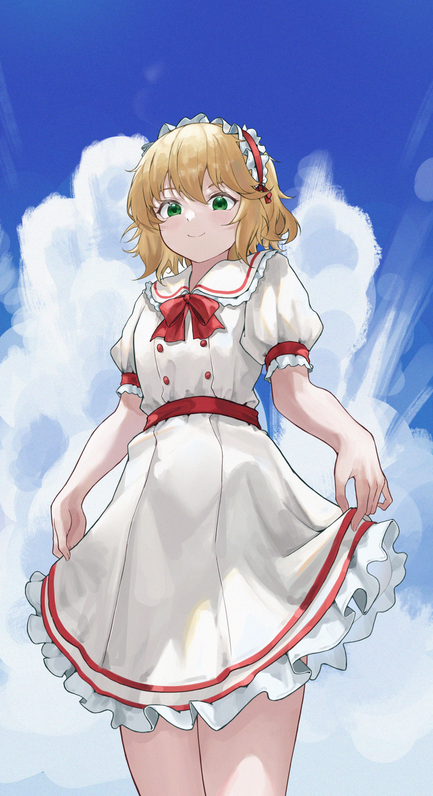 1girl absurdres blonde_hair blue_sky chinese_commentary closed_mouth clouds cloudy_sky commentary_request cowboy_shot dress fr-ee-dom frills green_eyes hairband highres idolmaster idolmaster_cinderella_girls idolmaster_cinderella_girls_u149 looking_at_viewer puffy_short_sleeves puffy_sleeves red_hairband sakurai_momoka short_hair short_sleeves skirt_hold sky smile solo white_dress
