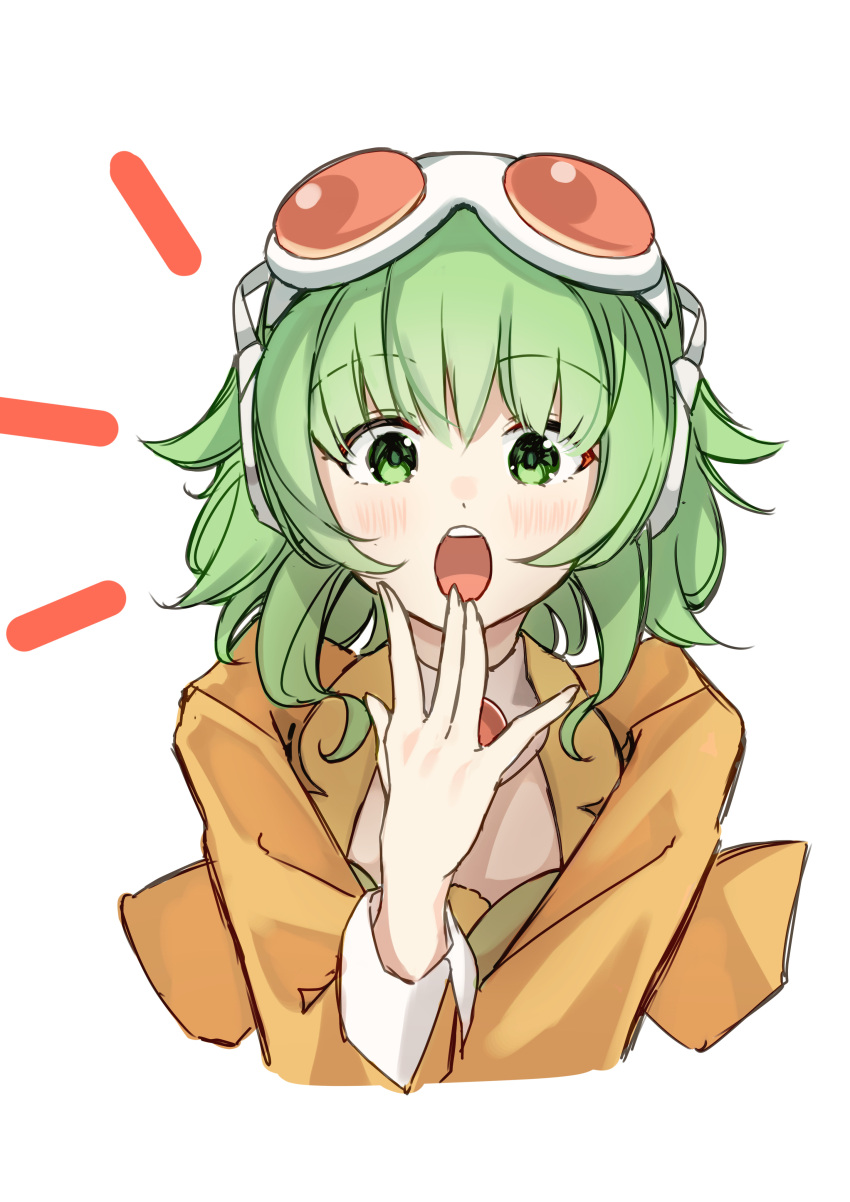 1girl absurdres commentary goggles goggles_on_head green_eyes green_hair gumi hand_up highres hymgkamui jacket light_blush long_sleeves medium_hair open_mouth solo upper_body vocaloid