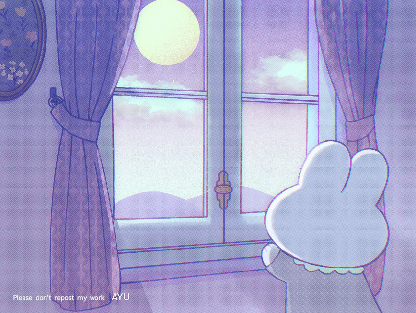 artist_name ayu_(mog) clouds commentary_request curtains english_commentary facing_away full_moon highres indoors mixed-language_commentary moon night night_sky no_humans original pajamas picture_frame polka_dot polka_dot_pajamas polka_dot_shirt purple_pajamas purple_shirt purple_sky rabbit shirt sky solo standing star_(sky) starry_sky watermark window