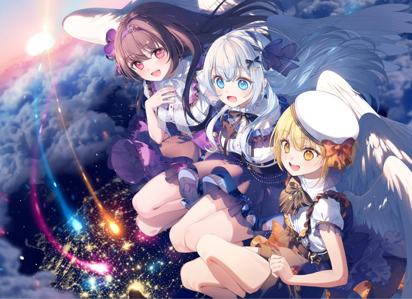 3girls :d a20_(atsumaru) aitsuki_nakuru beret black_bow black_bowtie black_skirt blonde_hair blue_eyes blush bow bowtie city_lights clouds cloudy_sky collared_shirt evening feathered_wings floating_hair flying from_above hairband hand_on_own_chest hat highres knees_up la_priere layered_skirt legs_together long_hair looking_ahead looking_at_viewer multiple_girls natsume_itsuki_(seiyuu) nayuta_(seiyuu) open_mouth orange_eyes pink_eyes pleated_skirt puffy_short_sleeves puffy_sleeves purple_hair purple_hairband shirt short_hair short_sleeves skirt sky smile stratosphere striped striped_bow striped_bowtie sunset teeth upper_teeth_only white_hair white_headwear white_shirt white_wings wings
