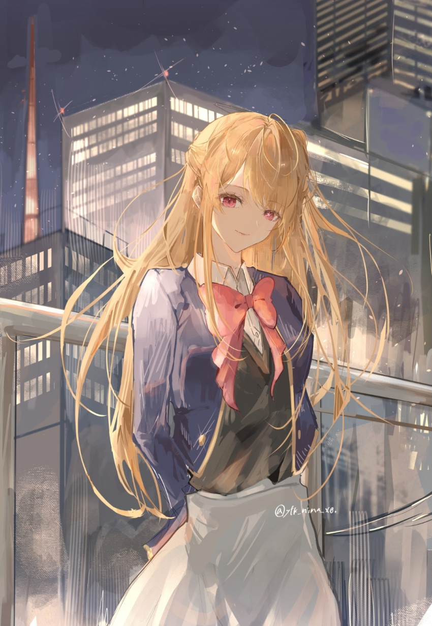 1girl against_railing arms_behind_back black_vest blonde_hair blue_jacket bow bowtie building closed_mouth collared_shirt commentary cropped_jacket floating_hair grey_skirt hair_between_eyes highres hoshino_ruby jacket long_hair long_sleeves looking_at_viewer mismatched_pupils night night_sky one_side_up open_clothes open_jacket oshi_no_ko outdoors pink_bow pink_bowtie pink_eyes railing school_uniform shirt sidelocks skirt sky smile solo sparkle star-shaped_pupils star_(sky) star_(symbol) starry_sky symbol-shaped_pupils twitter_username vest white_shirt youtou_high_school_uniform ytk_nina_x