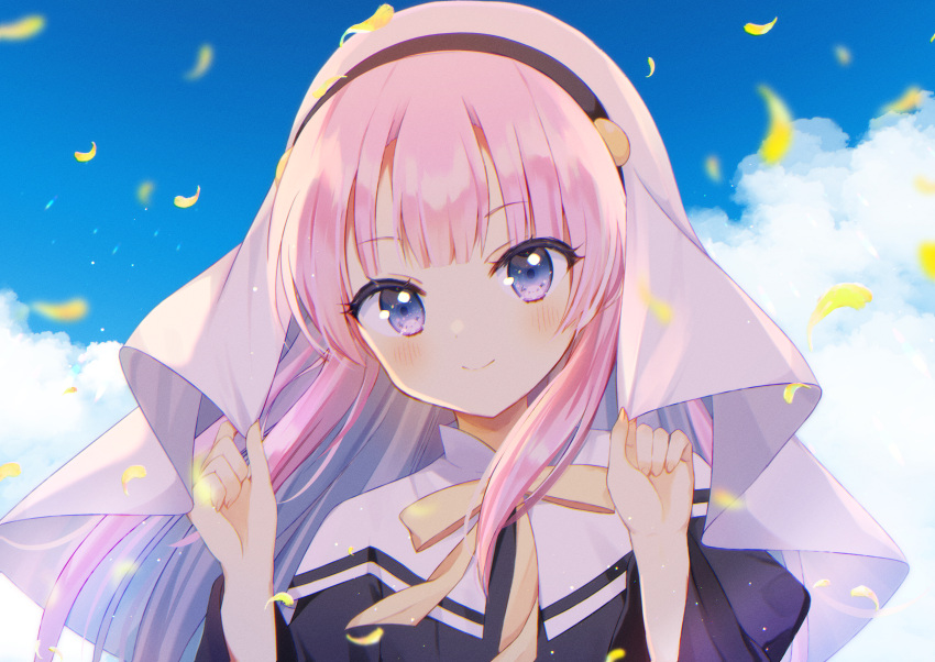 1girl absurdres aiyan black_dress blue_eyes blue_sky blunt_bangs blurry blush clenched_hands closed_mouth clouds commentary_request day depth_of_field dress eyelashes eyes_visible_through_hair falling_petals fingernails floating_hair hands_up head_tilt highres kamisama_ni_natta_hi long_hair long_sleeves looking_at_viewer nun outdoors petals pink_hair satou_hina_(kamisama_ni_natta_hi) sidelocks sky smile solo straight-on straight_hair very_long_hair white_headwear wide_sleeves yellow_eyes