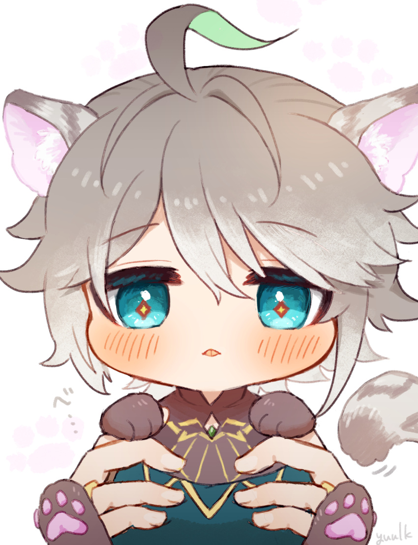 1boy 1other :p ahoge alhaitham_(genshin_impact) animal_ear_fluff animal_ears animal_hands animalization artist_name asymmetrical_sidelocks black_shirt blue_eyes blue_pants blush cat_ears cat_paws cat_tail chest_jewel chibi colored_inner_hair fingernails gem genshin_impact green_gemstone green_hair grey_hair hair_between_eyes highres holding jewelry lifting_person looking_at_viewer medium_bangs multicolored_hair out_of_frame pants parted_bangs paw_print ring shirt short_hair sidelocks solo_focus streaked_hair symbol-shaped_pupils tail tongue tongue_out two-tone_hair white_background yellow_trim yuuzatta