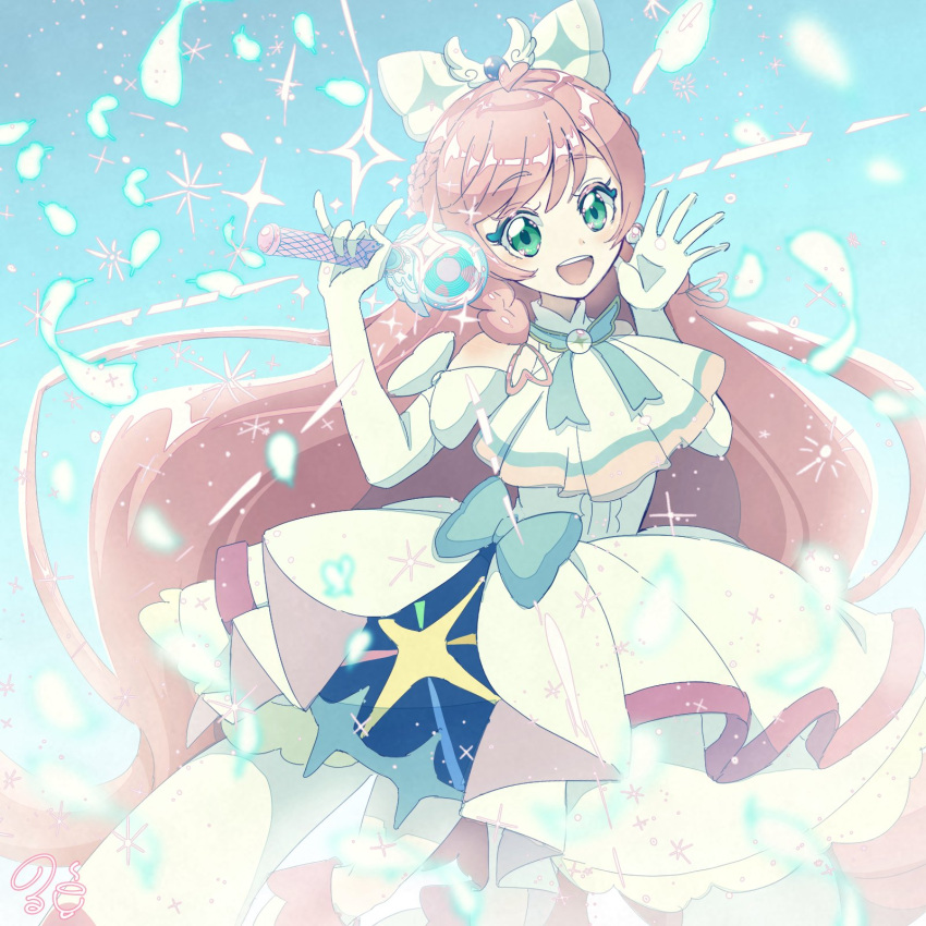 1girl blue_bow bow cure_prism dress elbow_gloves gloves green_eyes hair_ornament heart heart_hair_ornament highres hirogaru_sky!_precure holding holding_wand long_hair looking_at_viewer magical_girl nijigaoka_mashiro norwo724 pink_hair precure smile solo teeth upper_teeth_only wand waving white_dress white_gloves