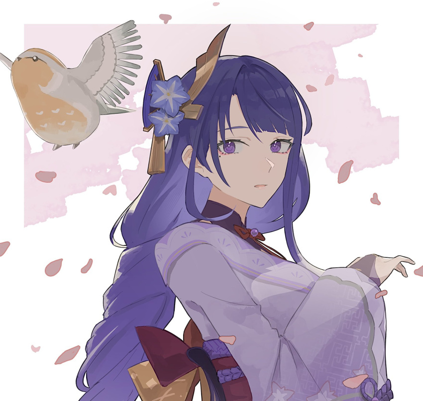 1girl bird blunt_bangs border braid braided_ponytail bridal_gauntlets falling_petals flower from_side genshin_impact hair_ornament hand_up highres japanese_clothes kimono looking_at_animal mole mole_under_eye neck_ribbon nium_404 obi obiage obijime parted_bangs parted_lips petals purple_flower purple_hair purple_kimono raiden_shogun red_ribbon ribbon sash sidelocks solo upper_body violet_eyes white_border wide_sleeves