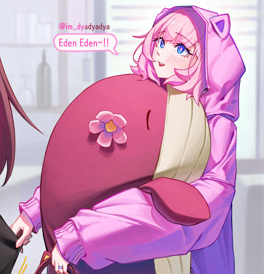 2girls :d alternate_costume animal_hood blue_eyes blush cat_hood cropped dyadyadya eden_(honkai_impact) elysia_(honkai_impact) from_side highres honkai_(series) honkai_impact_3rd hood hood_up hoodie jewelry long_bangs long_hair long_sleeves looking_at_another multiple_girls object_hug open_mouth out_of_frame oversized_object pink_hair pink_hoodie pink_pupils puffy_long_sleeves puffy_sleeves raised_eyebrows redhead ring sidelocks skirt skirt_tug smile solo_focus stuffed_toy stuffed_whale upper_body