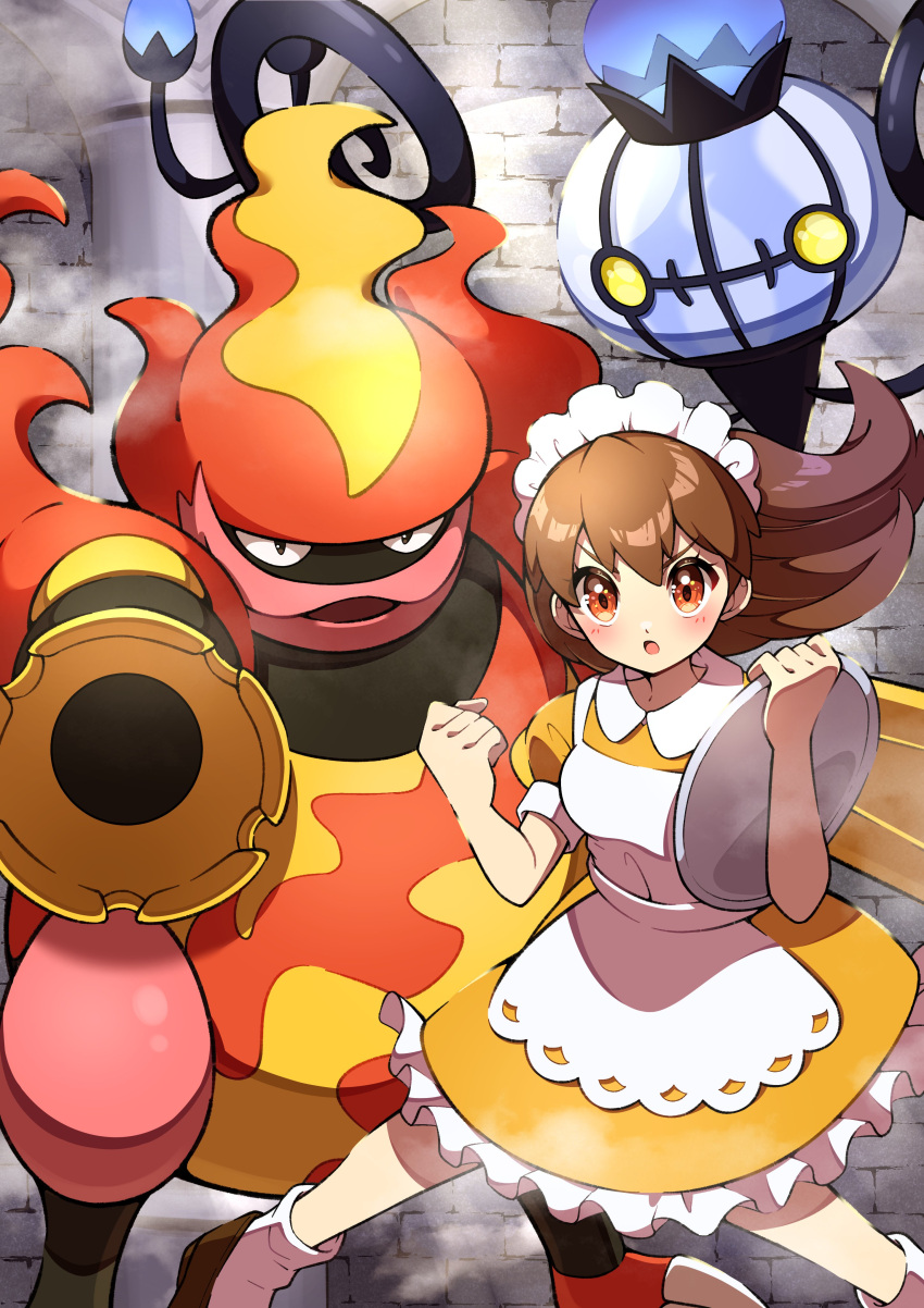 1girl :o absurdres apron blush brown_footwear brown_hair chandelure clenched_hand collared_dress commentary_request dress floating_hair fog frills headdress highres holding holding_tray long_hair looking_at_viewer magmortar open_mouth pokemon pokemon_(creature) pokemon_(game) pokemon_bw pon_yui puffy_sleeves shoes short_sleeves socks tray waitress waitress_(pokemon) white_apron white_socks