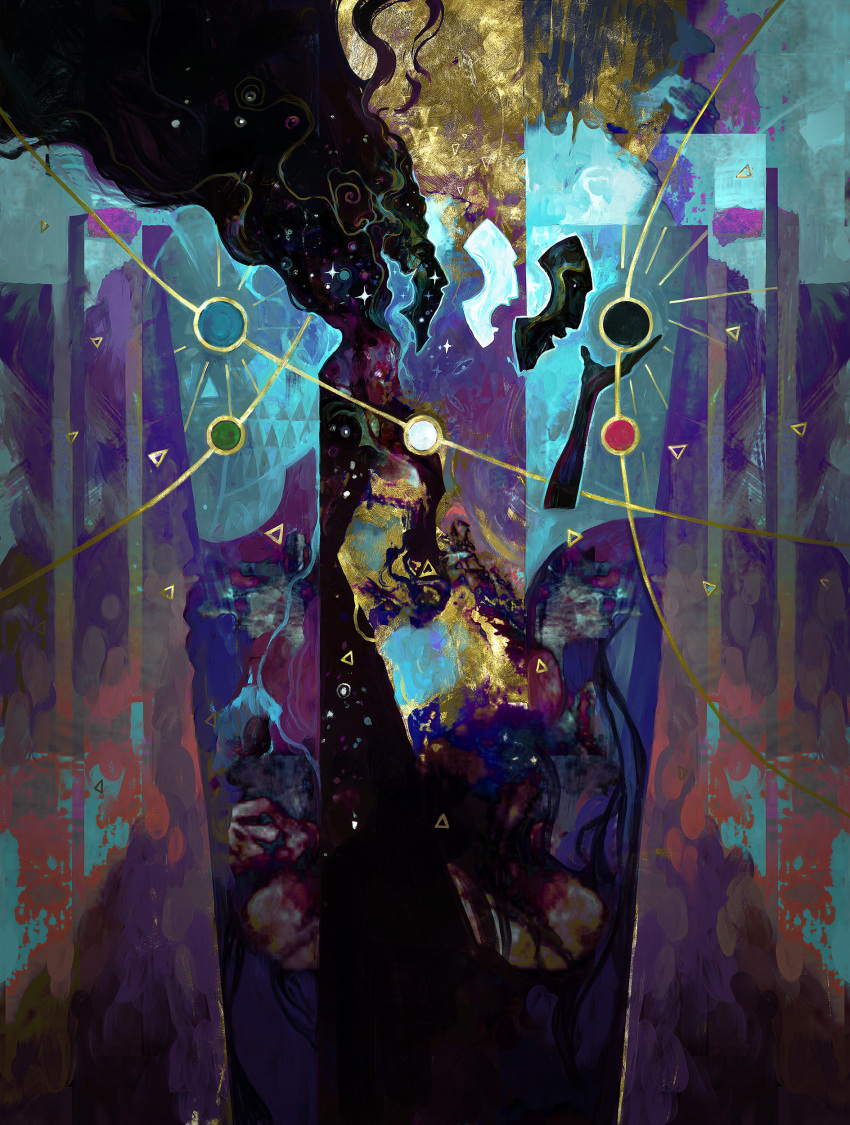 1other abstract abstract_background absurdres androgynous black_eyes black_hair byode_inverse_sun circle colorful dominik_mayer fantasy from_side high_contrast highres long_hair magic:_the_gathering multicolored_background open_mouth solo surreal triangle very_long_hair