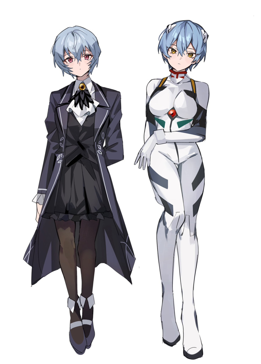 2girls alternate_costume angela_(project_moon) arm_across_waist arm_behind_back ascot ayanami_rei blue_hair bodysuit cosplay costume_switch full_body highres interface_headset library_of_ruina long_coat looking_at_viewer mu46016419 multiple_girls neon_genesis_evangelion plugsuit project_moon red_eyes short_hair skin_tight thighs very_short_hair white_background white_bodysuit yellow_eyes