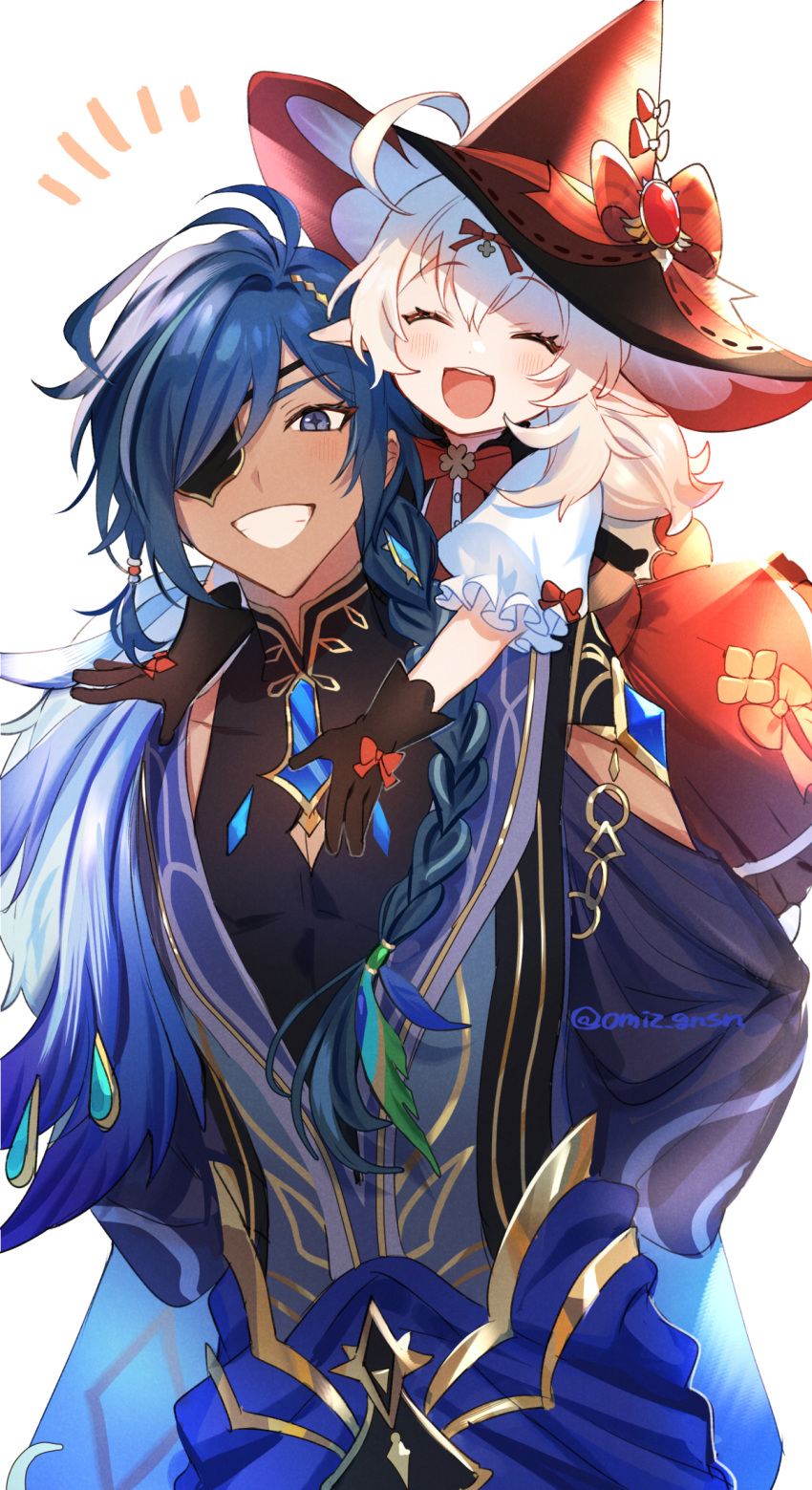 1boy 1girl black_gloves blue_eyes blue_hair blush bow braid closed_eyes dark-skinned_male dark_skin earrings eyepatch genshin_impact gloves hair_over_one_eye hair_ribbon hat hat_bow highres jewelry kaeya_(genshin_impact) kaeya_(sailwind_shadow)_(genshin_impact) klee_(blossoming_starlight)_(genshin_impact) klee_(genshin_impact) long_hair looking_at_viewer low_twintails miz_003 open_mouth pointy_ears red_bow ribbon simple_background single_braid single_earring twintails twitter_username white_background witch_hat