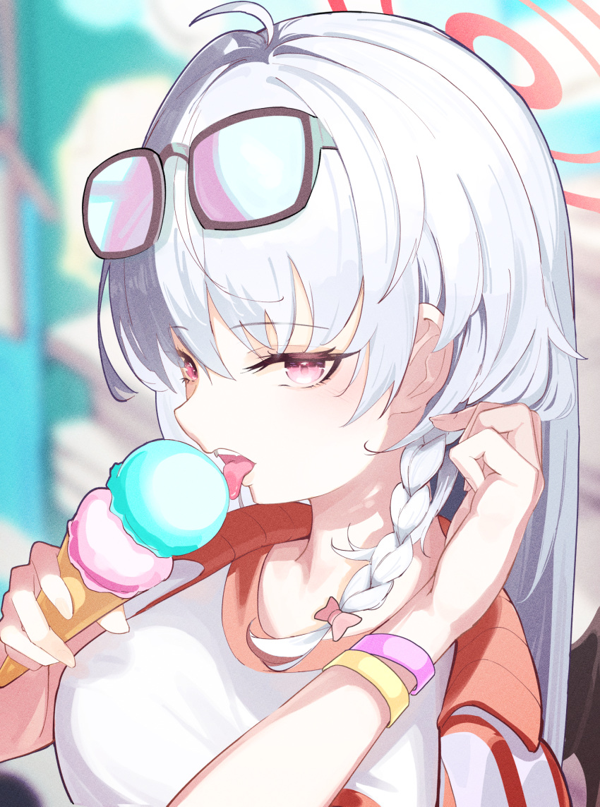 1girl black_wings blue_archive commentary commentary_request demon_wings eyewear_on_head food grey_hair gym_shirt gym_uniform halo haruna_(blue_archive) highres ice_cream official_alternate_costume pink_eyes red_eyes shirt solo sunglasses tatara_(alnath_may) wings