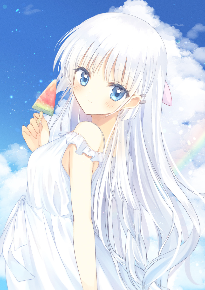 1girl absurdres aiyan arm_at_side bare_shoulders blue_eyes blue_sky blush closed_mouth clouds commentary_request day dress eyelashes eyes_visible_through_hair food from_side hair_between_eyes hair_ornament hair_ribbon hairclip head_tilt highres holding_ice_cream lens_flare long_dress long_hair looking_at_viewer naruse_shiroha outdoors pink_ribbon popsicle rainbow ribbon sky smile solo straight_hair summer_pockets upper_body very_long_hair watermelon_bar white_dress white_hair