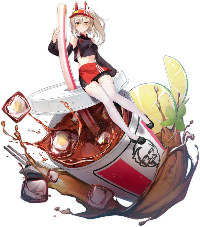 1girl ayanami_(azur_lane) ayanami_(cola_fills_you_with_determination)_(azur_lane) azur_lane bare_shoulders black_footwear commentary_request crop_top cup detached_sleeves disposable_cup drink drinking_straw highres ice ice_cube kfc long_hair long_sleeves looking_at_viewer navel official_alternate_costume official_art ootsuki_momiji orange_eyes ponytail red_headwear sidelocks simple_background sitting soda stomach thigh-highs transparent_background white_hair white_thighhighs