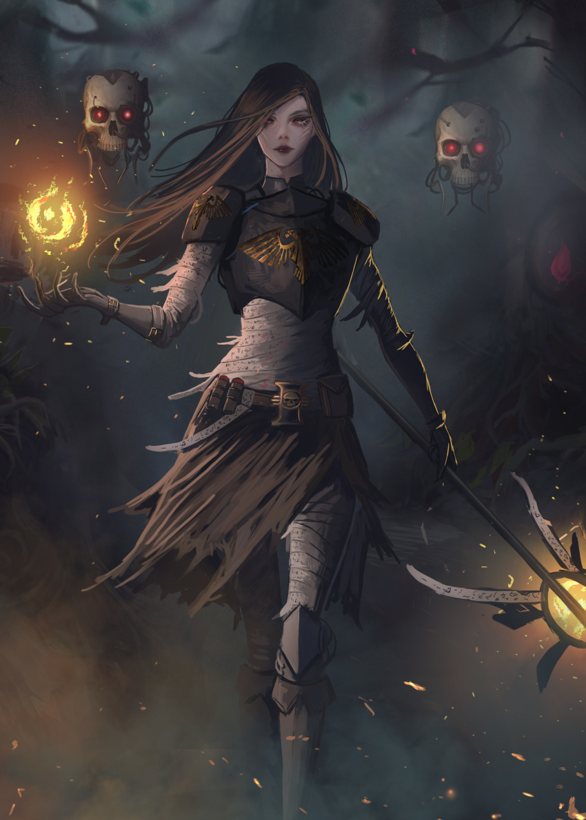 1girl absurdres armor bandages bird brown_hair buckle commission eagle floating_skull forest glowing glowing_eyes highres lips long_hair looking_at_viewer nature neor-art solo standing torn_clothes