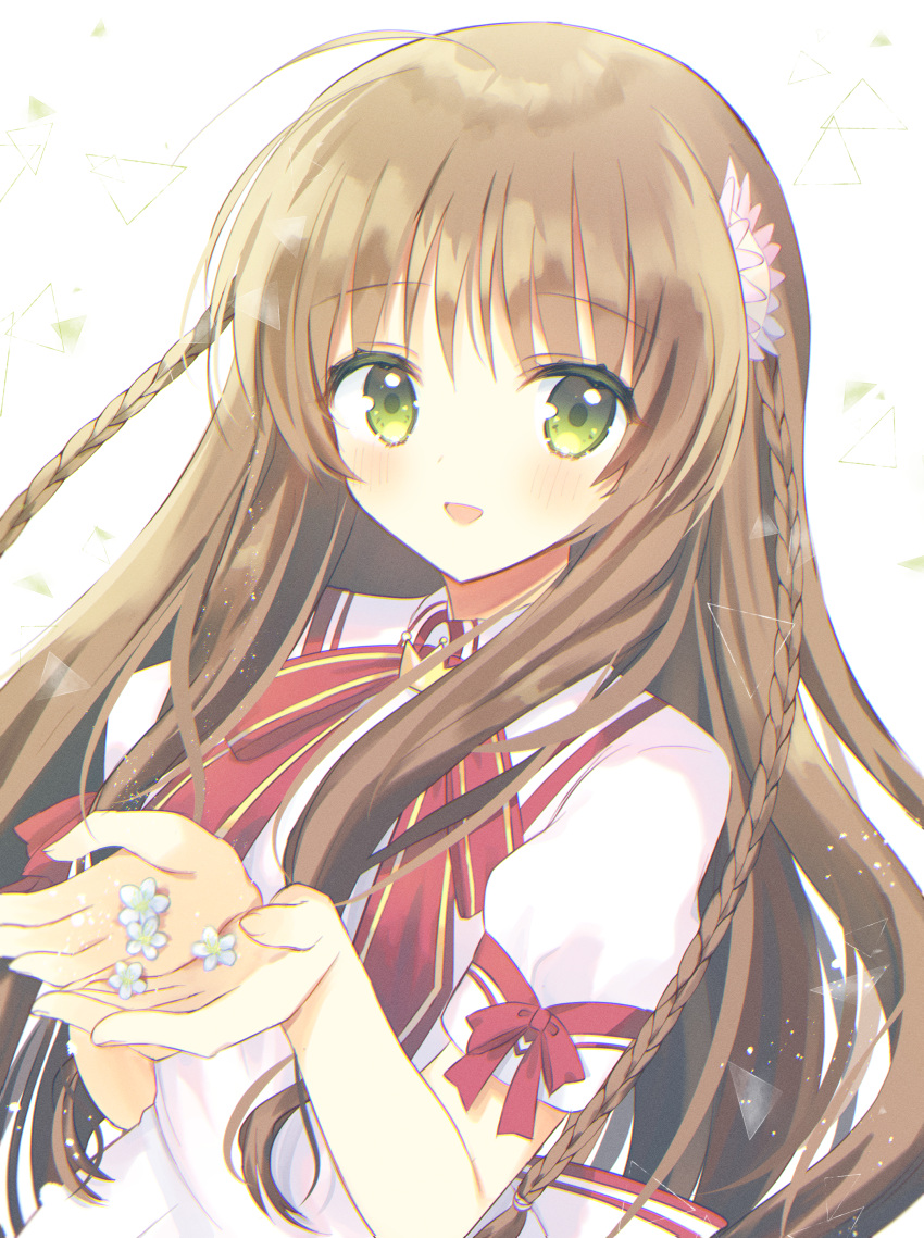1girl :d absurdres ahoge aiyan blush braid brown_hair colored_eyelashes commentary_request dress eyelashes eyes_visible_through_hair fingernails floating_hair flower green_eyes hair_between_eyes hair_ornament highres holding holding_flower kanbe_kotori kazamatsuri_institute_high_school_uniform light_particles long_hair looking_at_viewer open_hands open_mouth own_hands_together pink_dress puffy_short_sleeves puffy_sleeves red_ribbon rewrite ribbon school_uniform short_sleeves sidelocks simple_background smile snowflake_hair_ornament solo twin_braids upper_body very_long_hair wavy_hair white_background white_flower