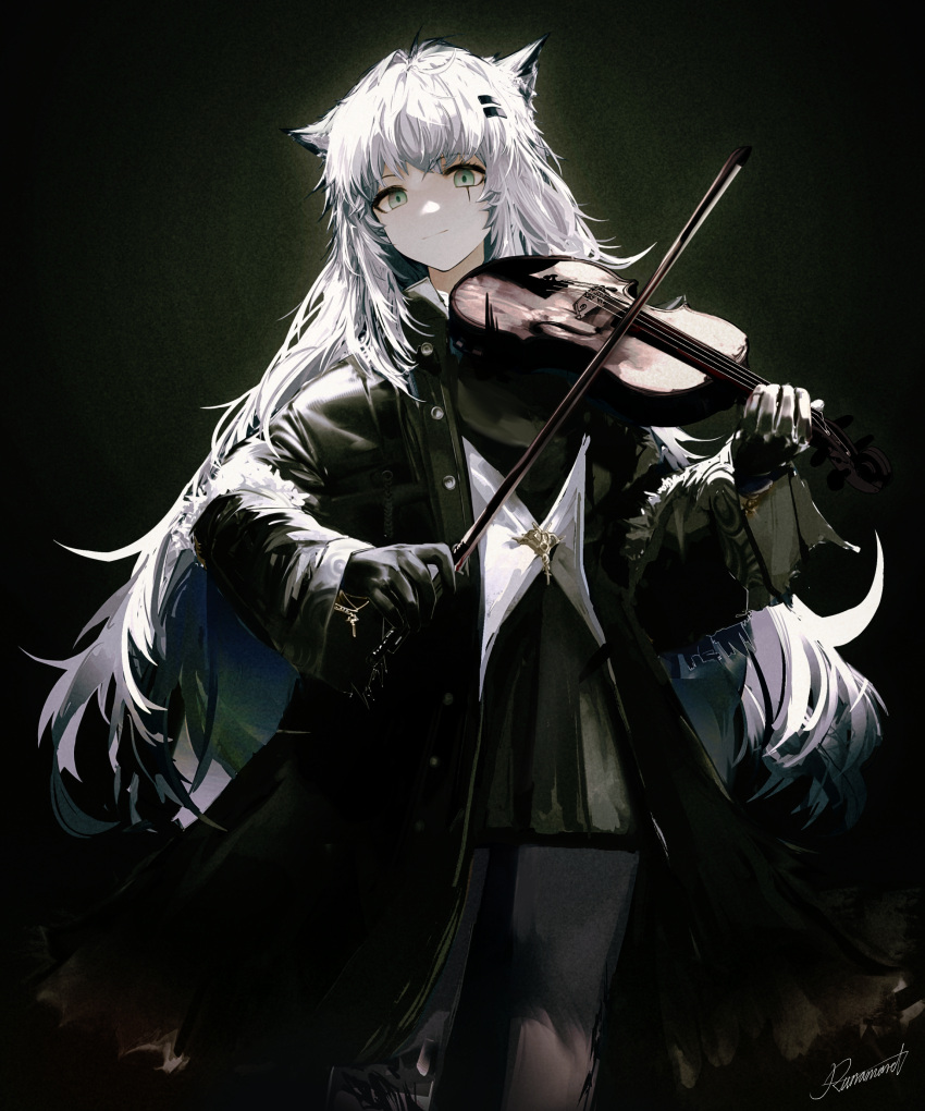 1girl absurdres animal_ears arknights artist_name black_background black_gloves black_jacket check_copyright copyright_request fox_ears gloves gradient_background green_eyes highres holding holding_instrument instrument jacket lappland_(arknights) long_hair looking_at_viewer runamonet smile solo very_long_hair violin white_hair