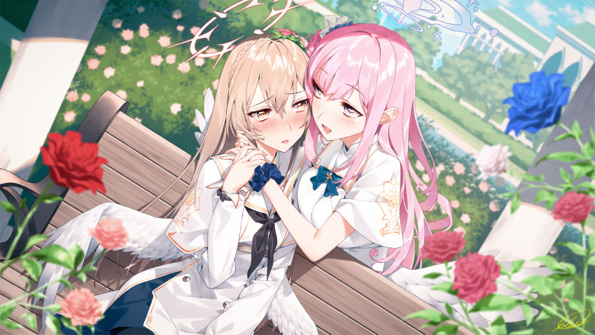 2girls bench blew_andwhite blue_archive blue_flower blue_rose blush breasts building bush commission day dress feathered_wings flower hair_between_eyes hair_bun halo highres large_breasts light_brown_hair long_hair long_sleeves low_wings mika_(blue_archive) multiple_girls nagisa_(blue_archive) neckerchief open_mouth outdoors parted_lips pink_flower pink_hair pink_rose red_flower red_rose rose scrunchie signature single_side_bun sitting skeb_commission very_long_hair white_dress white_wings wings wrist_scrunchie yuri