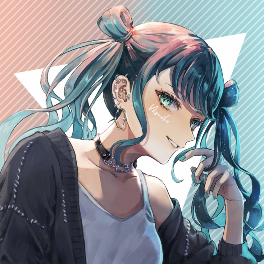 1girl aqua_eyes aqua_hair aqua_nails choker commentary_request diagonal_stripes ear_piercing earrings grin hatsune_miku highres jewelry long_hair long_sleeves looking_at_viewer mikeimikei piercing project_sekai smile solo striped stud_earrings teeth twintails upper_body vivid_bad_squad_(project_sekai) vivid_bad_squad_miku vocaloid