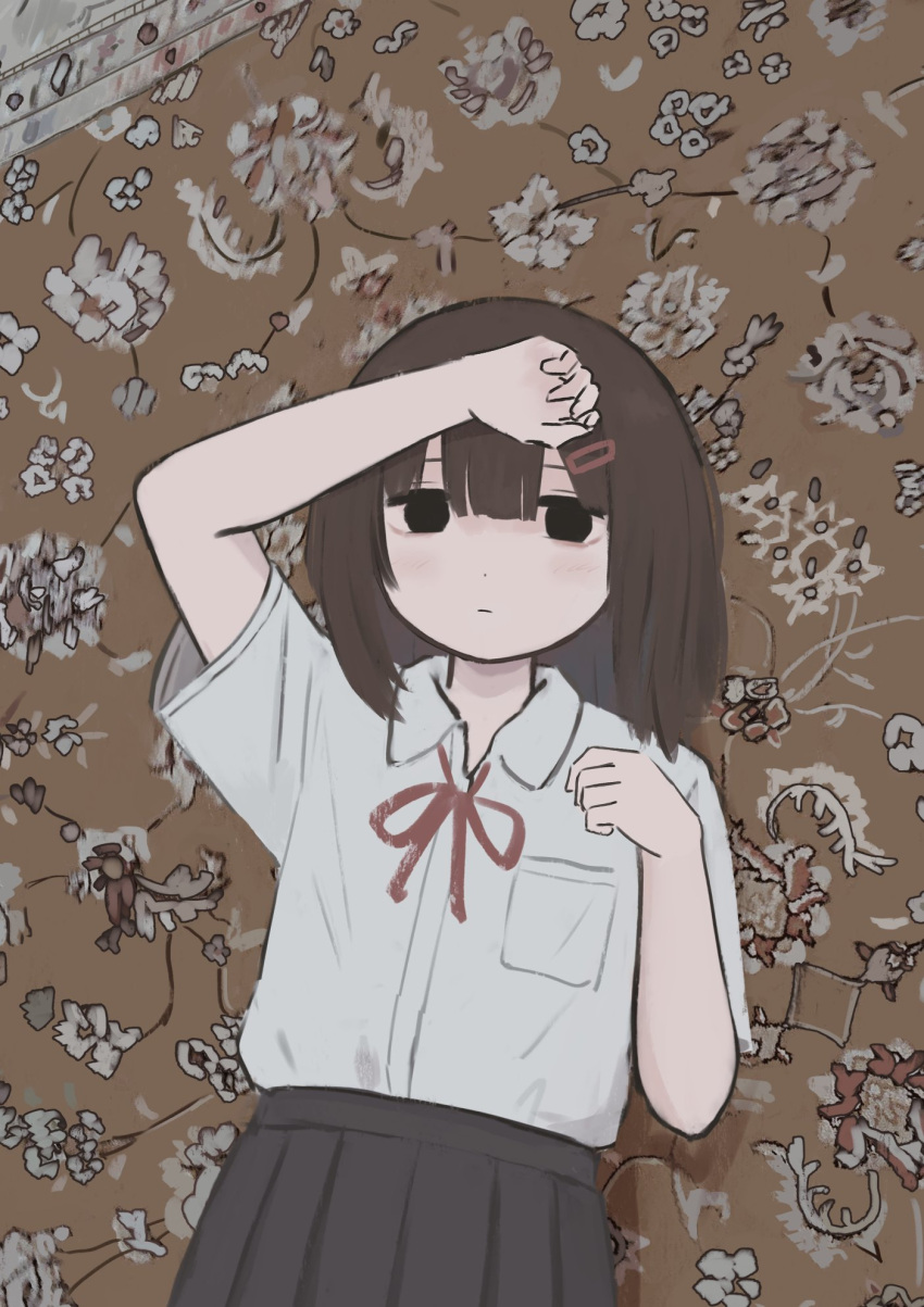 1girl arm_on_head arm_up black_eyes black_skirt brown_hair closed_mouth collared_shirt cowboy_shot dress_shirt expressionless from_above hair_ornament hairclip half-closed_eyes hand_up highres light_blush looking_at_viewer lying medium_hair neck_ribbon no_pupils on_back on_floor original pleated_skirt red_ribbon ribbon rug shirt shirt_tucked_in short_sleeves skirt solo straight-on toyono_saki white_shirt