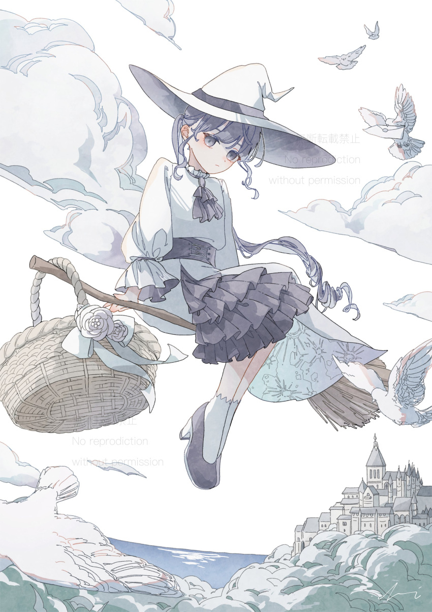 1girl absurdres ascot basket bird broom broom_riding castle clouds dove dress expressionless full_body grey_eyes grey_hair hat high_heels highres letter long_hair long_sleeves looking_at_viewer original scenery sky socks solo very_long_hair water white_dress white_headwear white_socks witch witch_hat yuge_kemuri