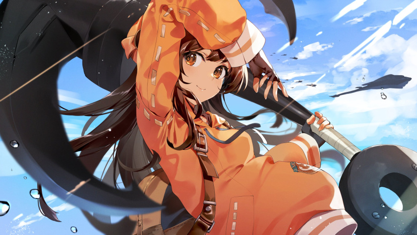 1girl anchor arm_up black_gloves blush brown_eyes brown_hair carrying_over_shoulder commentary_request day fingerless_gloves from_side gloves guilty_gear guilty_gear_strive hair_between_eyes highres holding holding_anchor hood hoodie kasumi_komo leaning_back long_hair long_sleeves looking_at_viewer may_(guilty_gear) orange_hoodie outdoors over_shoulder smile solo splashing sunlight upper_body very_long_hair weapon weapon_over_shoulder yellow_eyes