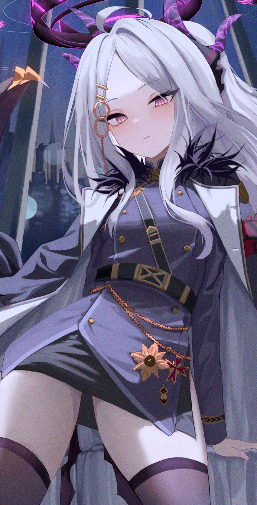 1girl absurdres ahoge arm_support arms_behind_back belt black_coat black_skirt black_thighhighs blue_archive blurry blush building closed_mouth coat coat_on_shoulders commentary_request demon_girl demon_horns demon_wings depth_of_field forehead fur-trimmed_coat fur_trim hair_ornament hair_over_shoulder hairclip half-closed_eyes halo highres hina_(blue_archive) horns indoors long_hair long_sleeves looking_at_viewer looking_down miho_(user7939139) military military_uniform miniskirt night night_sky open_clothes open_coat parted_bangs pencil_skirt ponytail sam_browne_belt shaded_face shoulder_belt side_slit sidelocks skirt sky skyline skyscraper solo standing thigh-highs thighs uniform violet_eyes window wings zettai_ryouiki