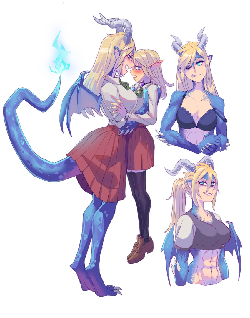 2girls aqua_eyes blonde_hair blue_eyes blue_scales blush bra breasts commentary dragon_girl dragon_horns dragon_tail english_commentary extremely-nervess height_difference highres horns large_breasts lifting_person long_hair multiple_girls muscular muscular_female original pointy_ears scales school_uniform sharp_teeth simple_background sports_bra tail teeth underwear