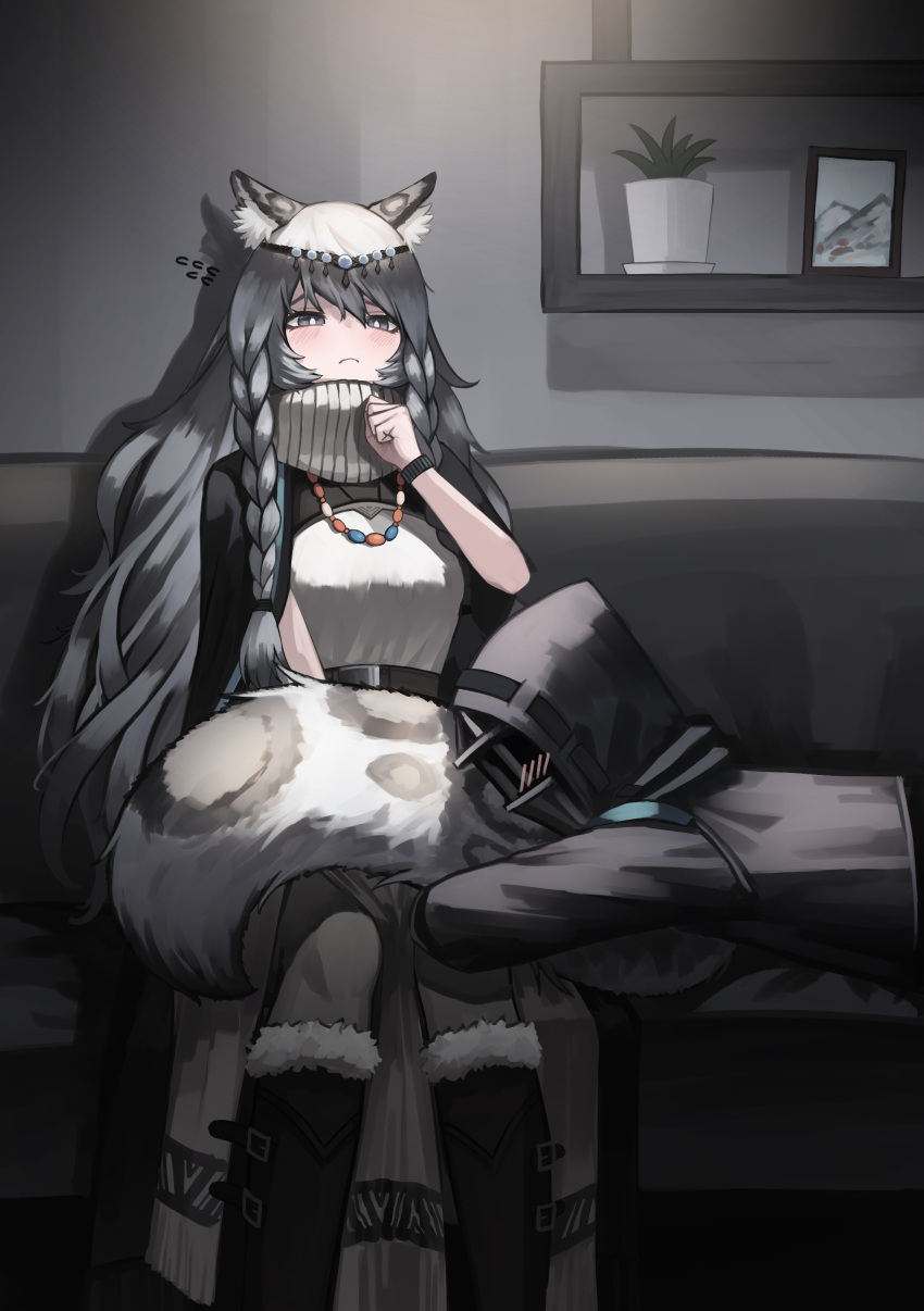 1girl 1other absurdres ambiguous_gender animal_ear_fluff animal_ears arknights black_cape black_footwear blush boots breasts cape doctor_(arknights) feet_out_of_frame flying_sweatdrops fur-trimmed_boots fur_trim grey_hair grey_pantyhose highres hood hood_up hugging_tail indoors jewelry kimsuwan2013 leopard_ears leopard_girl leopard_tail long_hair mask necklace pantyhose plant potted_plant pramanix_(arknights) small_breasts sweater tail tiara turtleneck turtleneck_sweater very_long_hair white_sweater