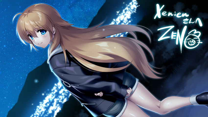 1girl ahoge angel_beats! arms_behind_back black_footwear black_jacket blonde_hair blue_eyes blush cityscape closed_mouth commentary commission denim denim_shorts dutch_angle english_commentary eyes_visible_through_hair floating_hair from_behind grabbing_own_arm hair_between_eyes hair_over_shoulder highres jacket long_hair looking_at_viewer looking_back mountainous_horizon night outdoors second-party_source sekine_shiori shorts sidelocks signature skeb_commission sky sleeves_past_wrists smile solo star_(sky) starry_sky thighs very_long_hair walking wavy_hair zen_(kamuro)