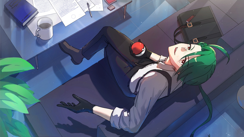 1girl bag_removed black_gloves black_pants book collared_shirt commentary_request couch crossed_legs cup from_above glass_table gloves green_hair grey_shirt highres holding holding_poke_ball ichi_monbe indoors long_hair looking_up mug open_mouth pants paper poke_ball poke_ball_(basic) pokemon pokemon_(game) pokemon_sv rika_(pokemon) shirt shoes sitting smile solo suspenders table