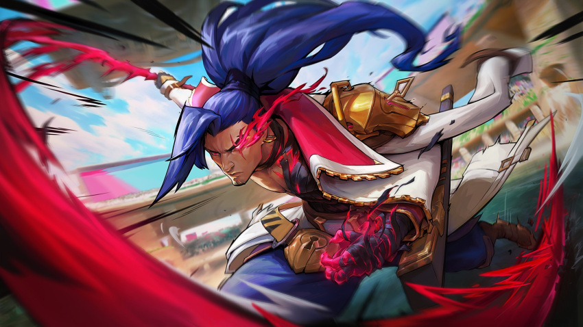 1boy bandaged_arm bandages blood blue_hair blue_pants blue_sky clouds colored_skin day earrings facial_hair fingernails glowing glowing_eye goatee heterochromia highres holding holding_sword holding_weapon jacket jacket_on_shoulders jewelry keyhole league_of_legends league_of_legends:_wild_rift outdoors pants ponytail red_eyes red_skin serious sharp_fingernails sky solo soul_fighter_yasuo sword weapon white_jacket yasuo_(league_of_legends)