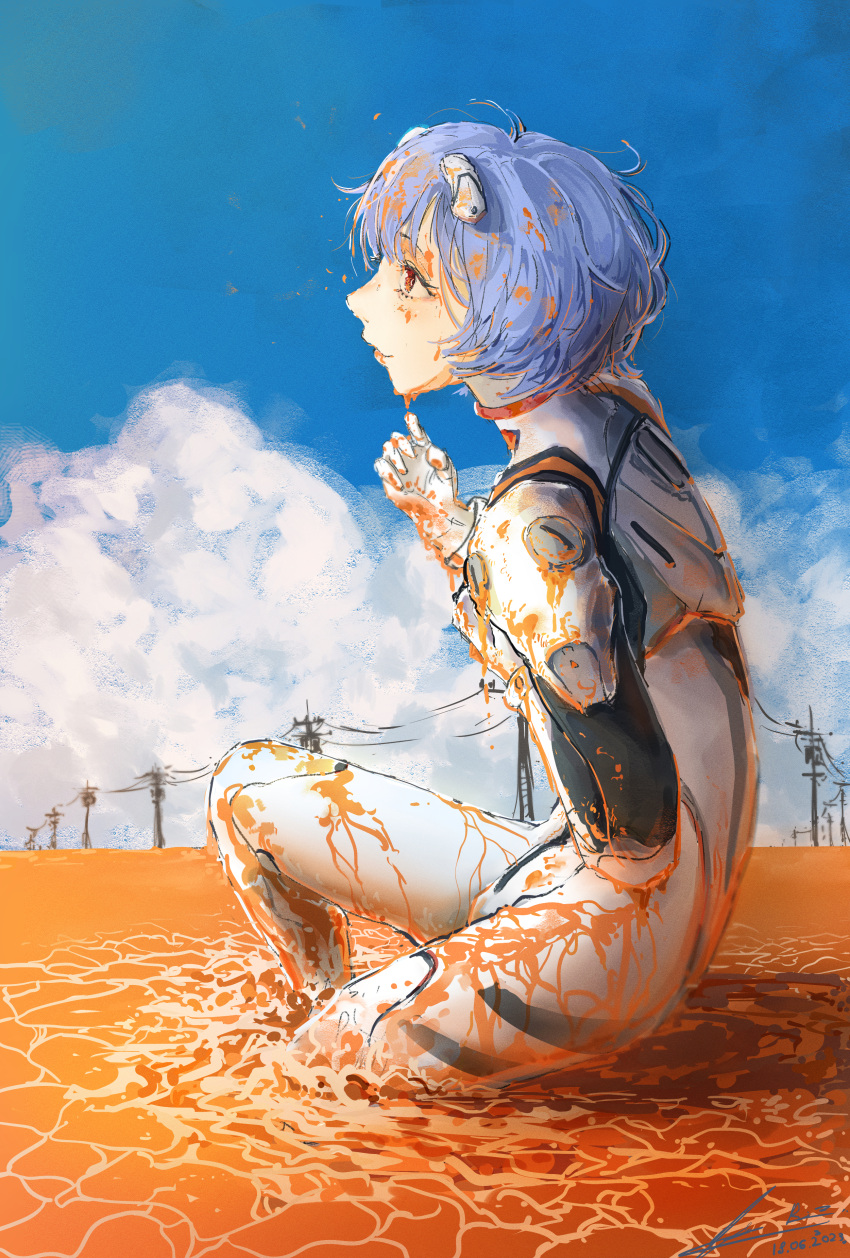 1girl absurdres ayanami_rei blue_hair blue_sky bodysuit closed_mouth clouds commentary curled_fingers dated day dirty dirty_clothes dirty_face dripping end_of_evangelion expressionless from_side full_body gloves hair_between_eyes hand_on_own_chest hand_up highres interface_headset knee_up lcl long_sleeves looking_ahead messy messy_hair neon_genesis_evangelion outdoors partially_immersed pilot_suit plugsuit power_lines profile red_eyes rizottodesu short_hair signature sketch sky solo spoilers squatting utility_pole wading wet wet_clothes wet_hair white_bodysuit white_gloves
