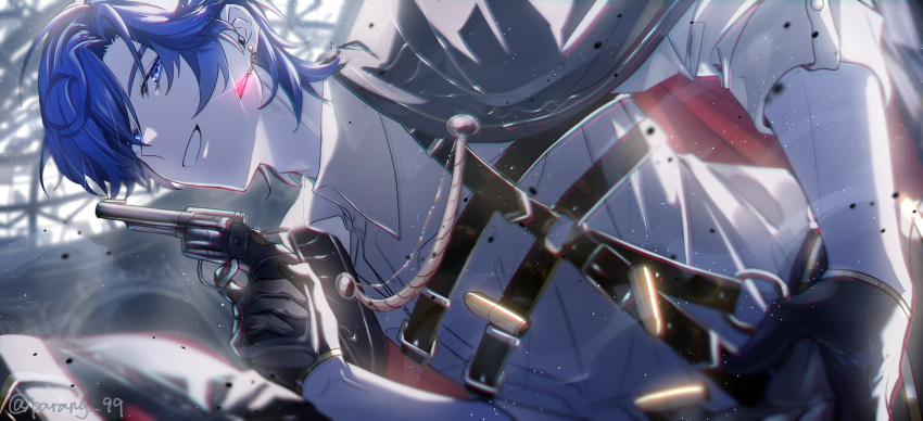 1boy belt_buckle black_gloves blue_eyes blue_hair blurry blurry_background buckle bullet chest_harness collared_shirt commentary_request earrings gloves gun harness highres holding holding_gun holding_weapon jewelry kaito_(vocaloid) long_sleeves looking_at_viewer male_focus never_give_up_cooking!_(project_sekai) official_alternate_costume official_alternate_hairstyle parang_99 project_sekai shirt solo teeth twitter_username upper_body vivid_bad_squad_(project_sekai) vivid_bad_squad_kaito vocaloid weapon