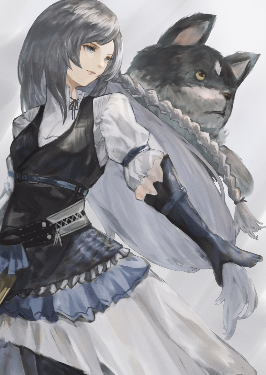1girl belt belt_buckle black_gloves black_vest blue_belt blue_eyes blue_ribbon braid breasts bright_pupils buckle closed_mouth dog dress final_fantasy final_fantasy_xvi gloves gradient_background grey_hair grey_wolf highres jill_warrick kounetsu long_hair low-tied_long_hair neck_ribbon pink_lips puffy_sleeves puppy ribbon small_breasts solo standing torgal_(ff16) very_long_hair vest white_dress white_pupils wolf