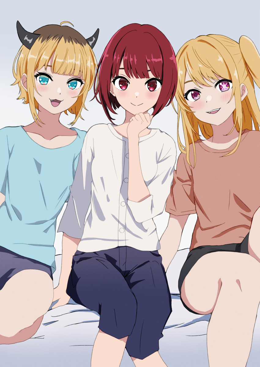 3girls :3 absurdres arima_kana arm_support black_shorts blonde_hair blue_eyes blue_pants blue_shirt blue_shorts blunt_bangs blush bob_cut brown_shirt closed_mouth collarbone commentary demon_horns dress_shirt fake_horns fang feet_out_of_frame hand_on_own_chin highres horns hoshino_ruby inverted_bob kinomiki long_hair looking_at_viewer medium_hair memcho mismatched_pupils multiple_girls one_side_up open_mouth oshi_no_ko pants pink_eyes red_eyes redhead shadow shirt short_hair short_sleeves shorts sidelocks smile star-shaped_pupils star_(symbol) symbol-shaped_pupils teeth upper_teeth_only white_shirt