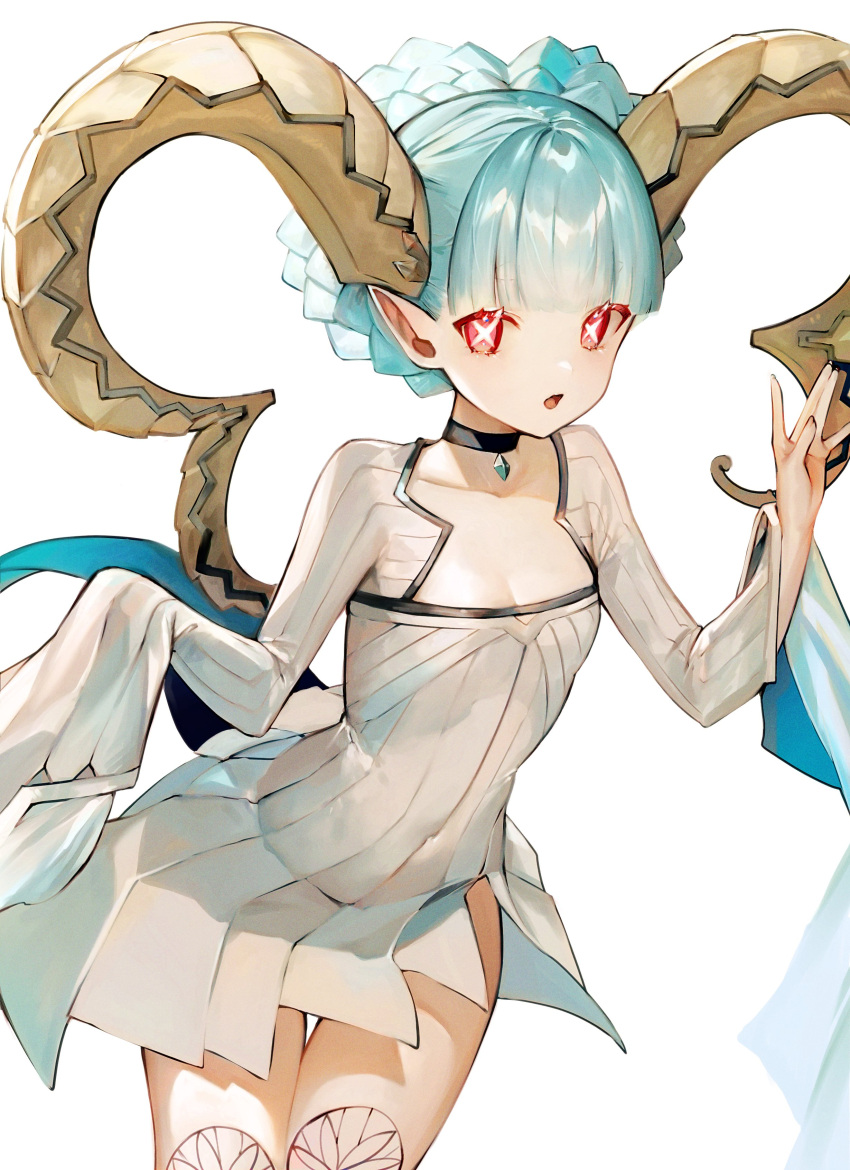 1girl absurdres albino_(a1b1n0623) black_choker blue_hair breasts choker dress fate/grand_order fate_(series) highres horns larva_tiamat_(fate) long_hair pink_eyes pointy_ears sleeves_past_fingers sleeves_past_wrists small_breasts symbol-shaped_pupils tiamat_(fate) white_background white_dress