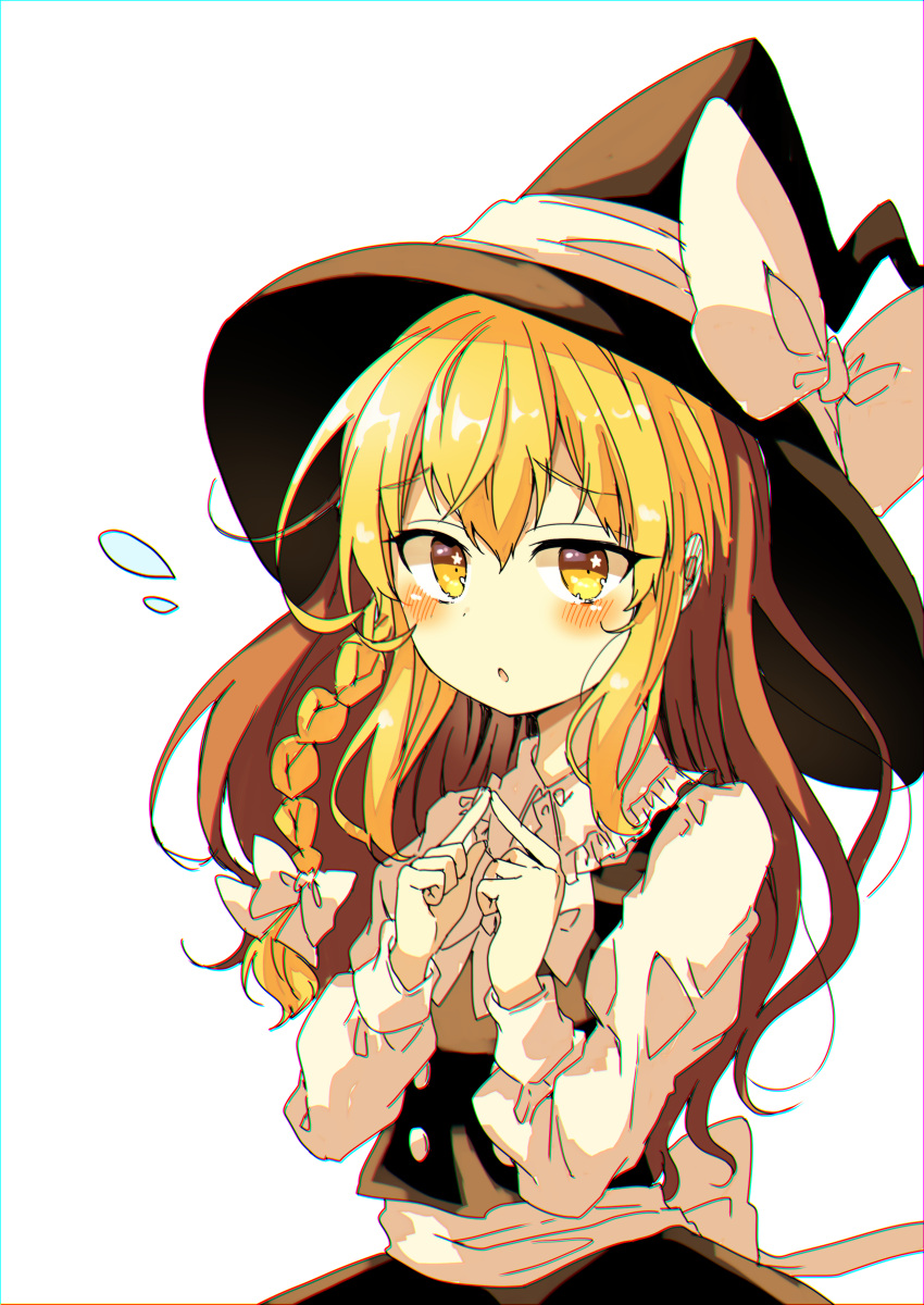 1girl absurdres black_headwear blonde_hair blush bow braid commentary_request finger_touching flying_sweatdrops hat hat_bow highres kirisame_marisa long_hair long_sleeves looking_at_viewer open_mouth seika_okawari side_braid simple_background single_braid solo touhou upper_body white_background white_bow