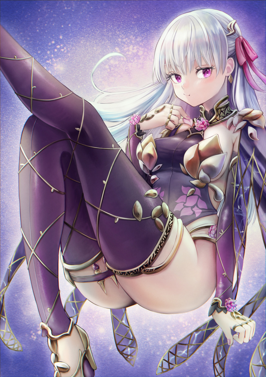 1girl absurdres armlet armor bikini_armor blush breasts circlet collar detached_sleeves dress earrings essan0905 fate/grand_order fate_(series) flower hair_ribbon highres jewelry kama_(fate) kama_(second_ascension)_(fate) large_breasts long_hair looking_at_viewer lotus lotus_print metal_collar pelvic_curtain pink_ribbon purple_dress purple_sleeves purple_thighhighs red_eyes ribbon ring solo thigh-highs thighlet thighs white_hair